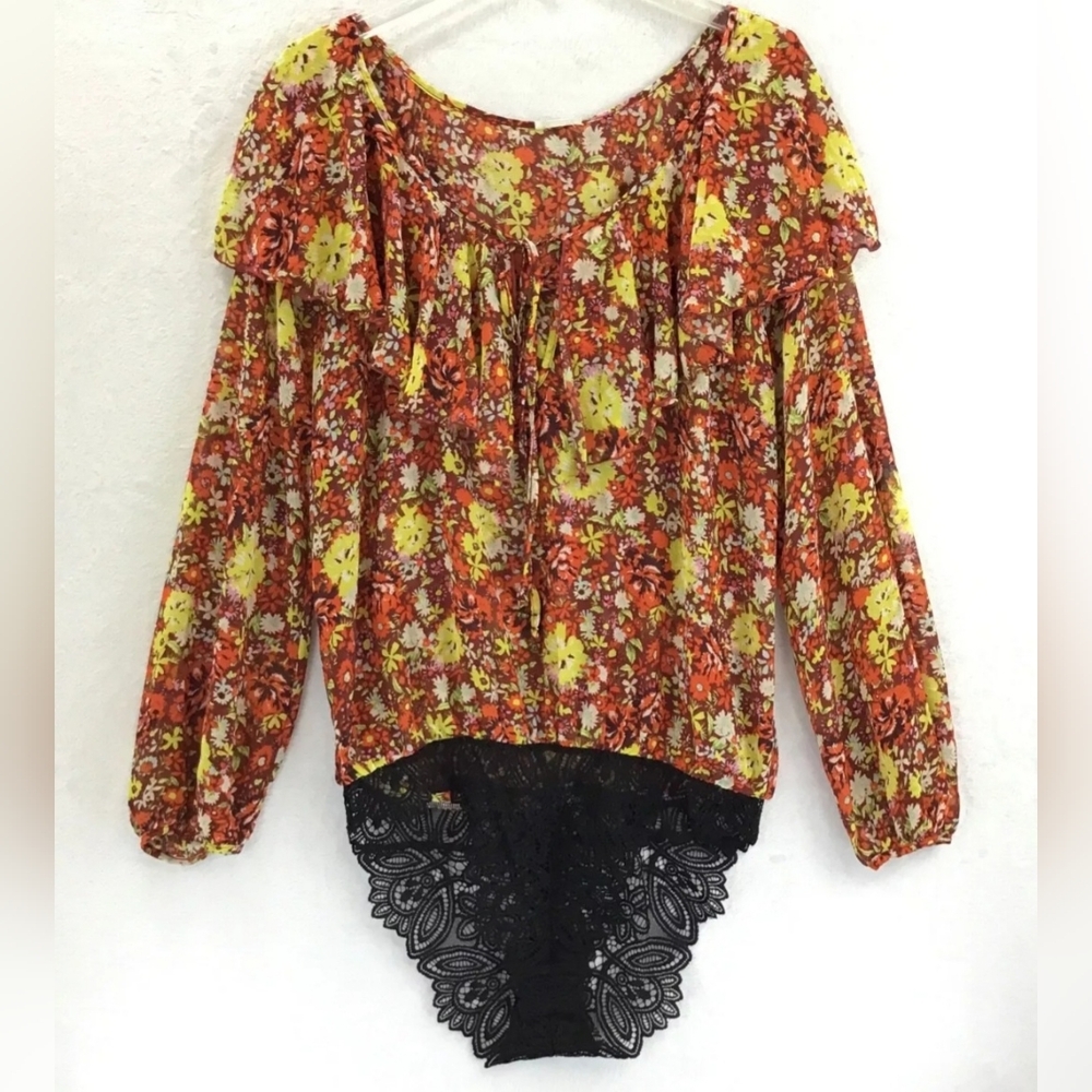 Free People Say It To Me Flutter Sleeve Bodysuit Flowy Boho Red Sienna SZ Large - Picture 12 of 16
